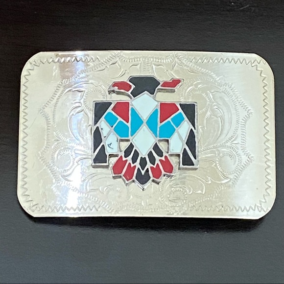 Vintage Nickel Silver Native American Turquoise Inlay Thunderbird Belt Buckle - Picture 2 of 9